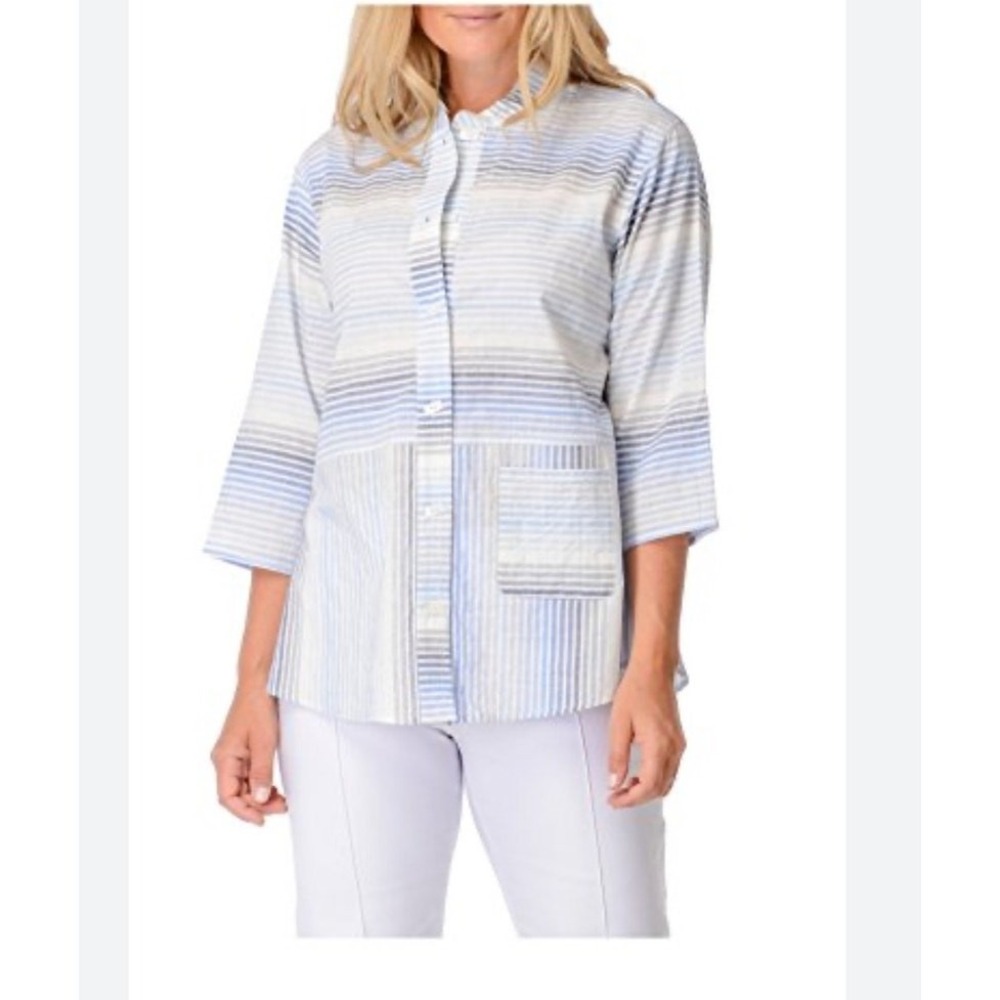 Habitat Womens Mandarin Collar Top Blue White Coastal Beachy Resort Spring L